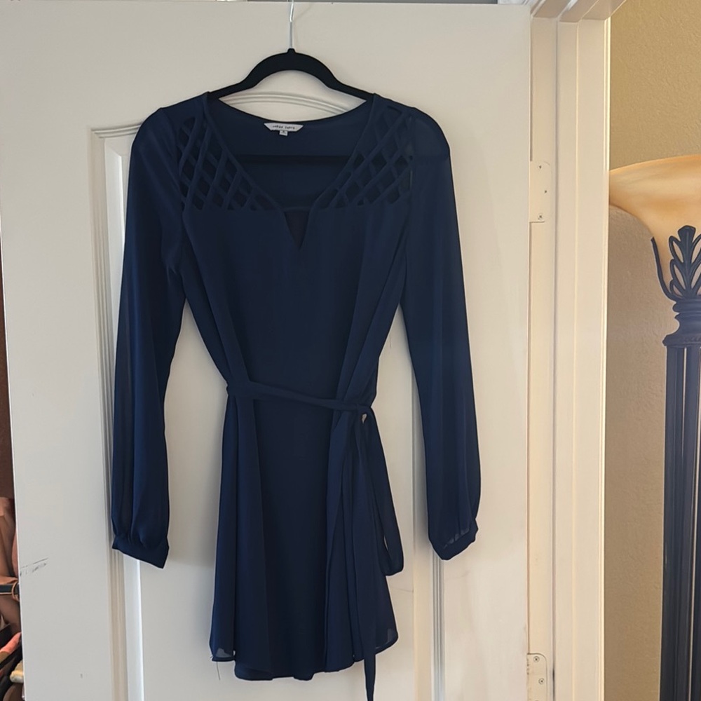 Naked Zebra Blue and White Wrap Tie Front Sheath Dress